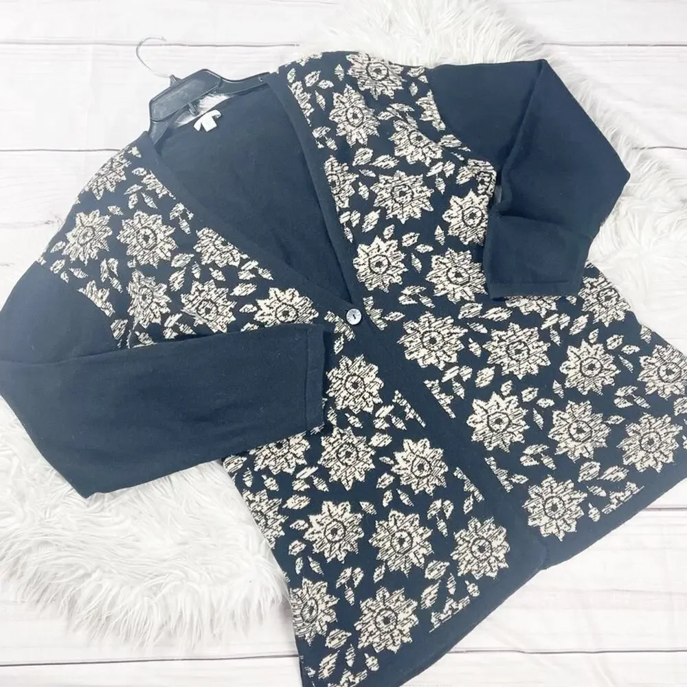 J. Jill Women's Floral Cotton Blend Black‎ Cardigan Sweater Size XL